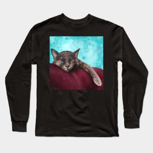 Painting of a Gray Cat Sleeping on a Red Couch on Blue Background Long Sleeve T-Shirt